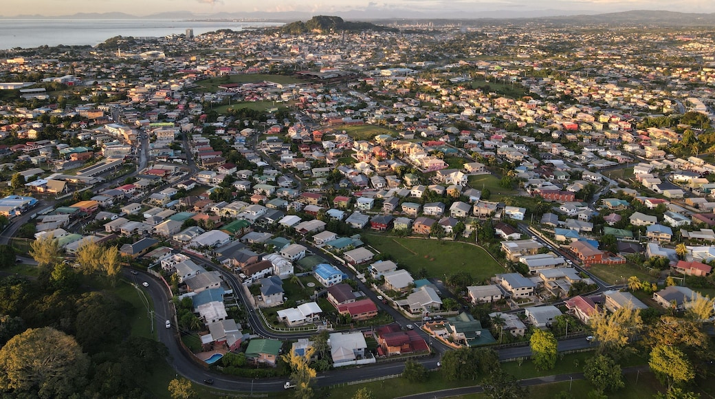 Aerial view of San Fernando city against the dusk sky at sunset in Trinidad and Tobago