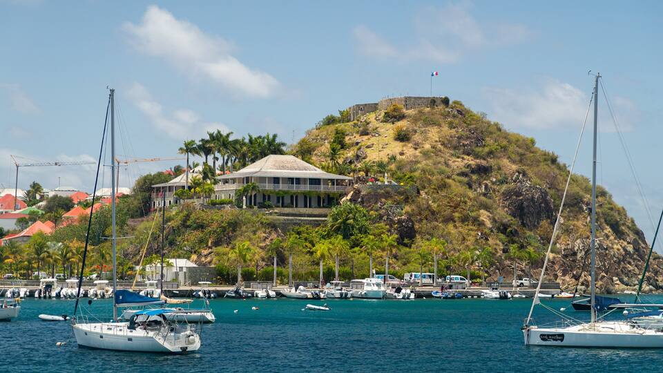 A coastal town with a prominent hilltop building, a marina with various boats, and lush greenery.