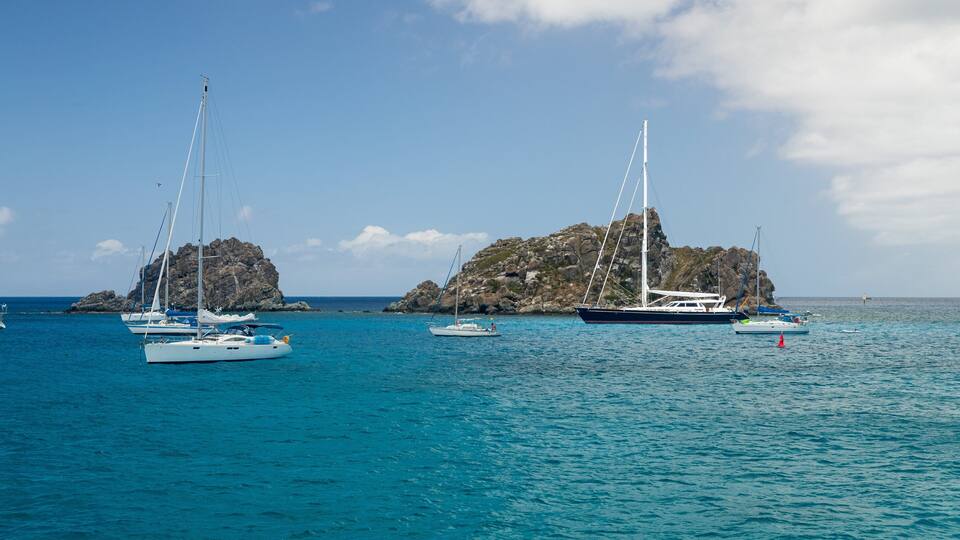 A marina with several sailboats anchored near rocky outcrops.