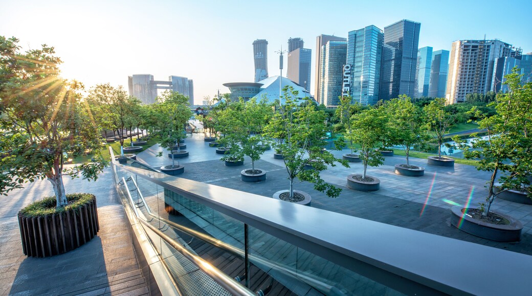 Urban jungle, modern Hangzhou Jianggan cityscape on a beautiful day, Hangzhou, Zhejiang, China