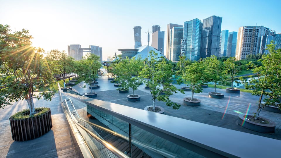 Urban jungle, modern Hangzhou Jianggan cityscape on a beautiful day, Hangzhou, Zhejiang, China