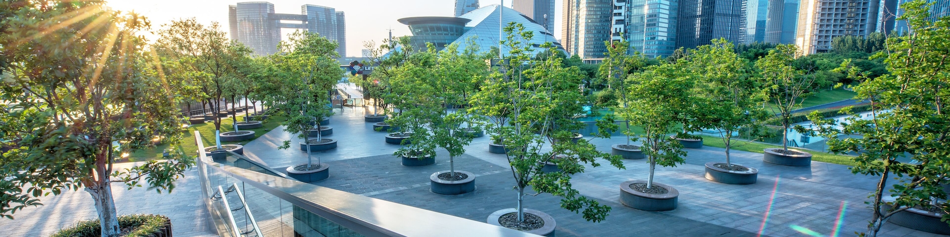 Urban jungle, modern Hangzhou Jianggan cityscape on a beautiful day, Hangzhou, Zhejiang, China