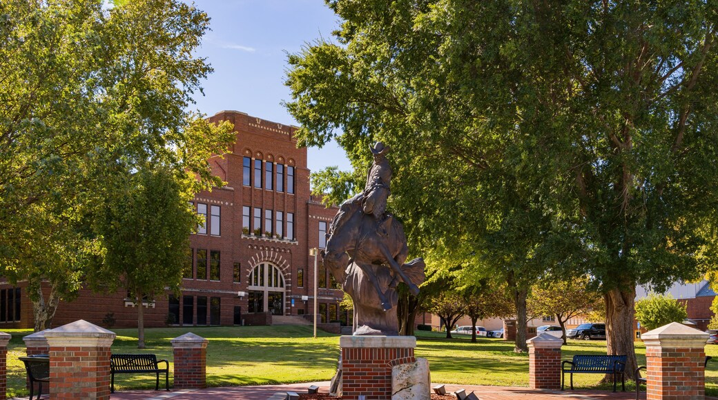 A statue of a man on horseback in a park with benches and a brick building in the background.
