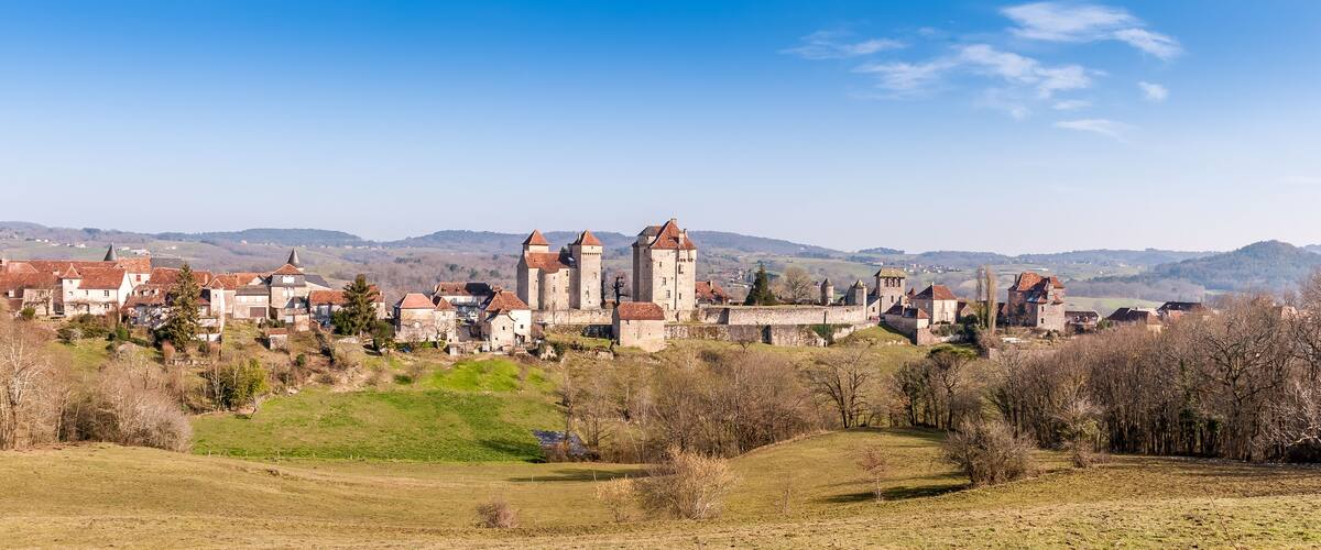 A historic castle surrounded by a town with rolling hills in the background.