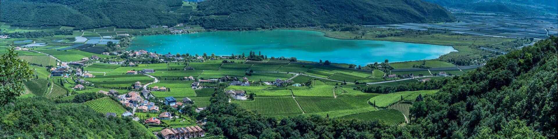 A mountainous landscape with a lake, vineyards, and a small village.