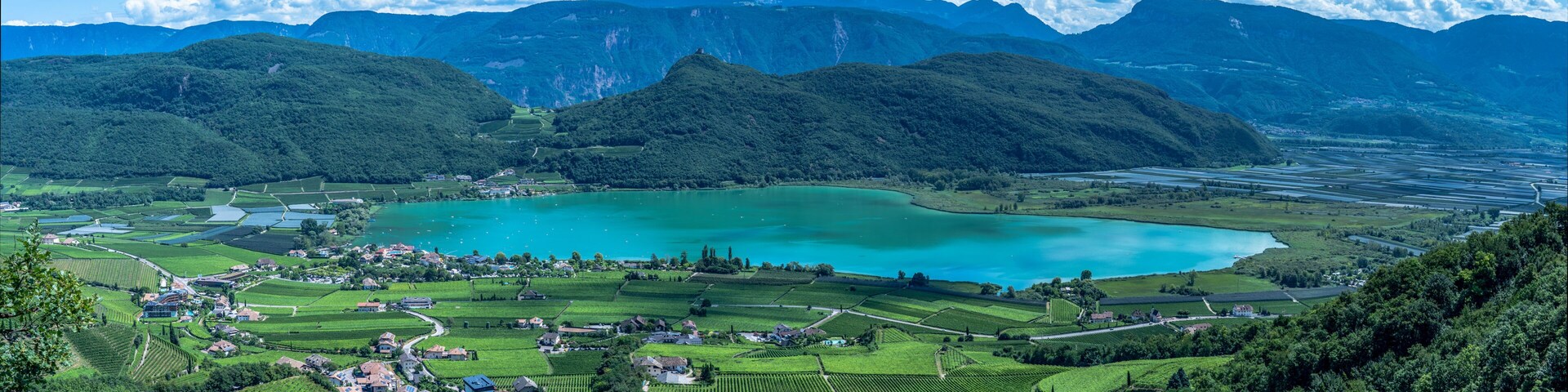 A mountainous landscape with a lake, vineyards, and a small village.