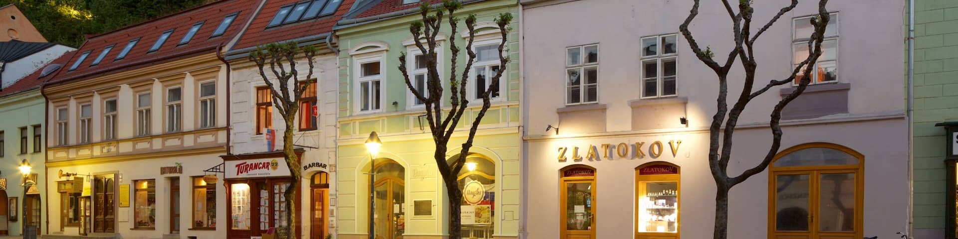 A historic town with colorful buildings, a prominent castle in the background, and a bicycle parked on the street.