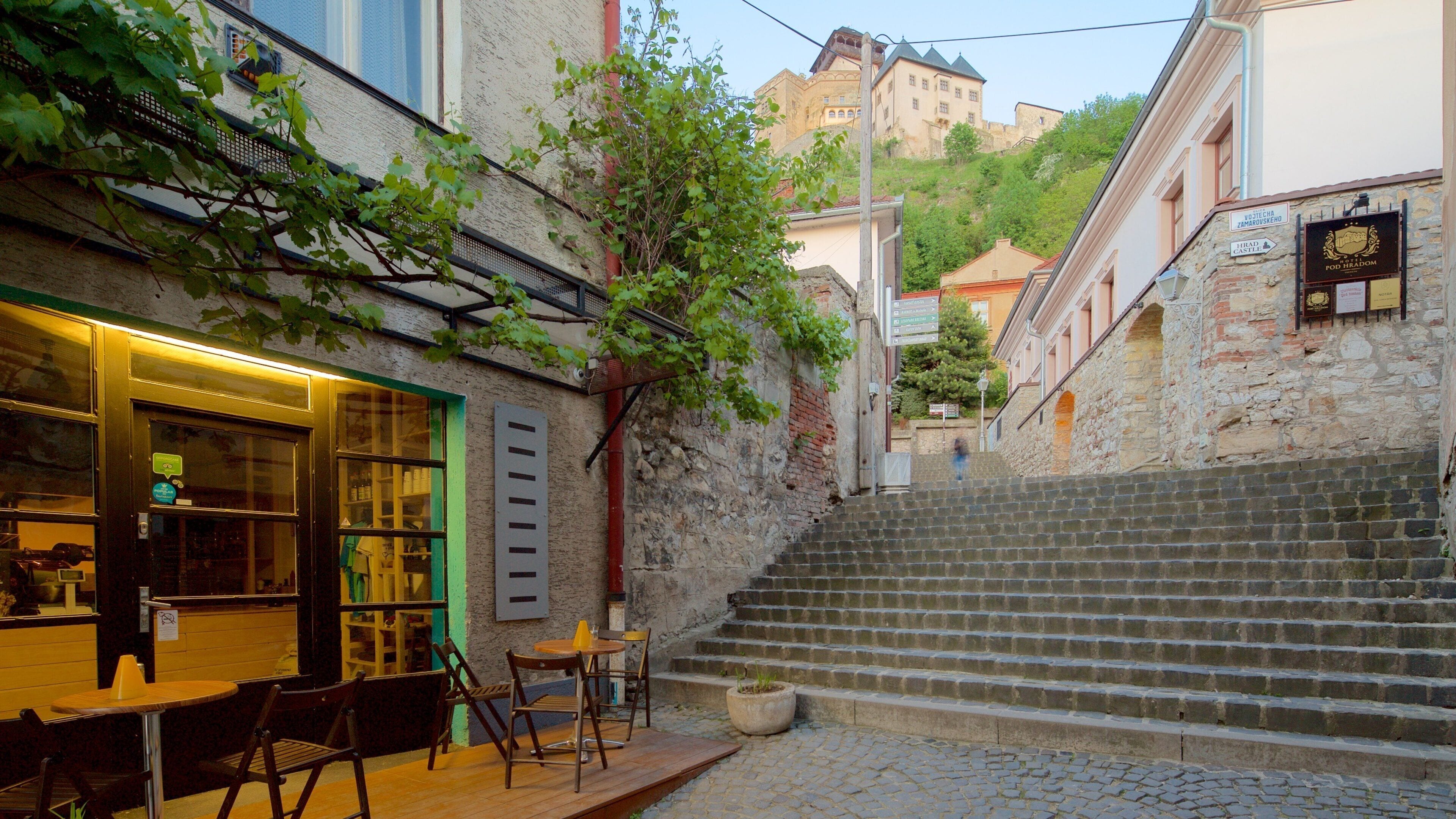 A cobblestone street with a café, a staircase, and historic buildings in the background.