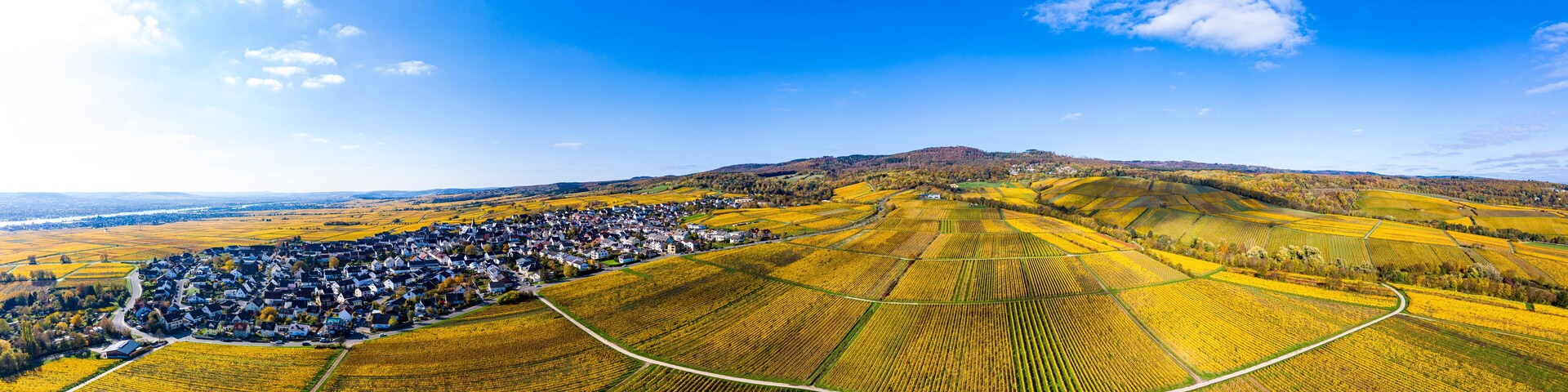 An aerial view of a village surrounded by fields of crops, with a hill in the background.