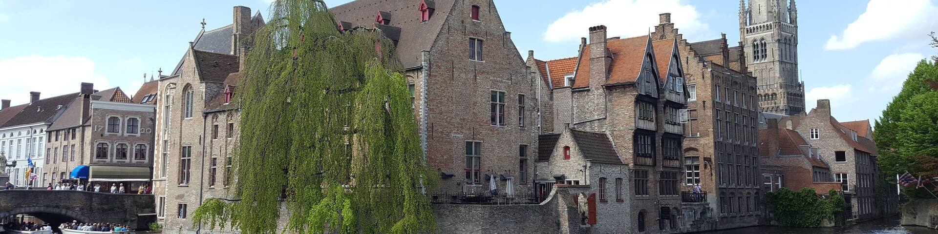 A historic canal with a bridge, a large tree, and a tall church tower.