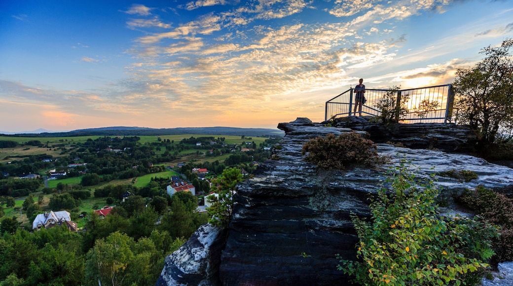 A rocky outcrop with a metal railing overlooking a valley with houses and greenery.