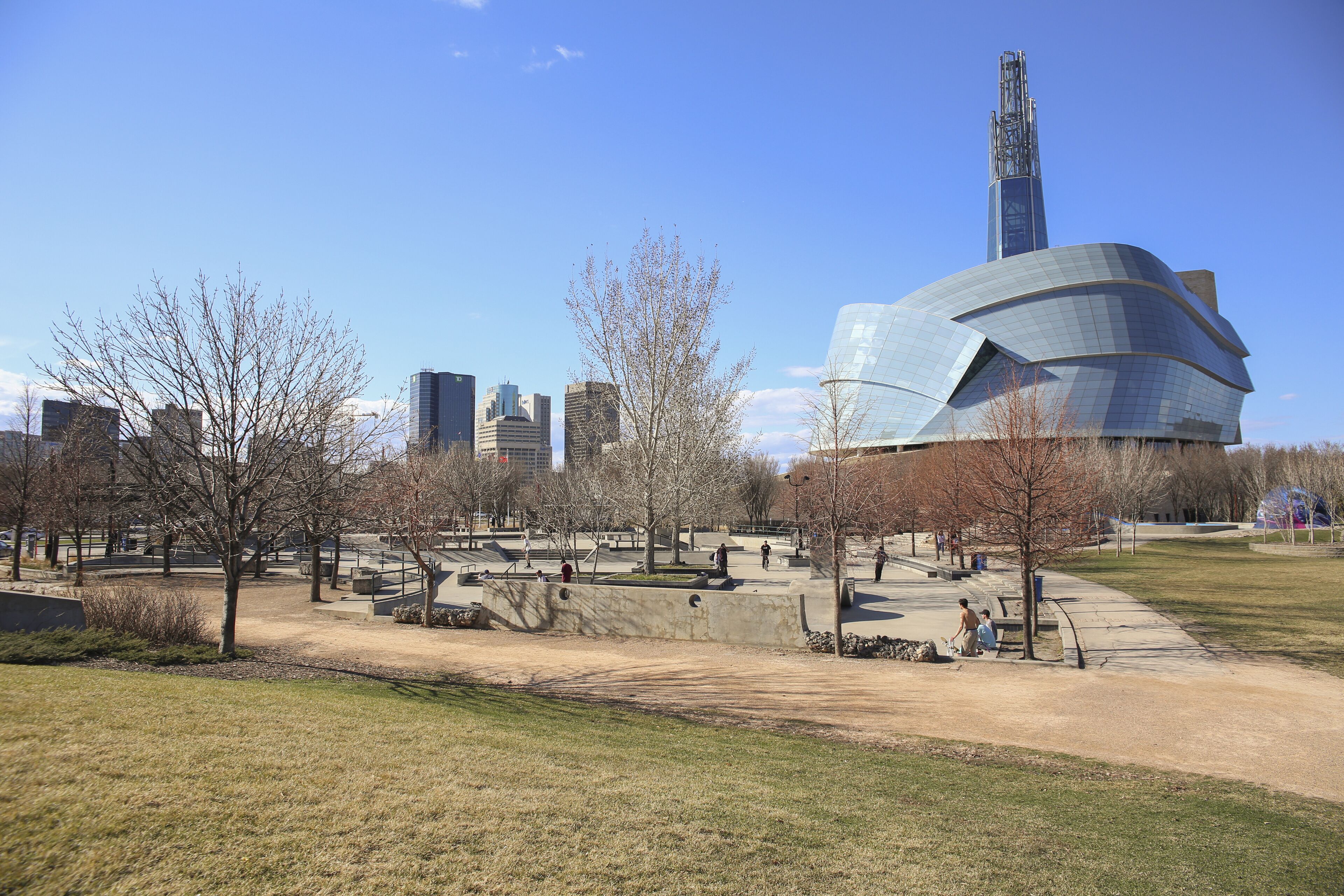 Winnipeg, Manitoba / Canada - April 22, 2019: Sports Parks with the Canadian Museum for Human Rights in the Background.