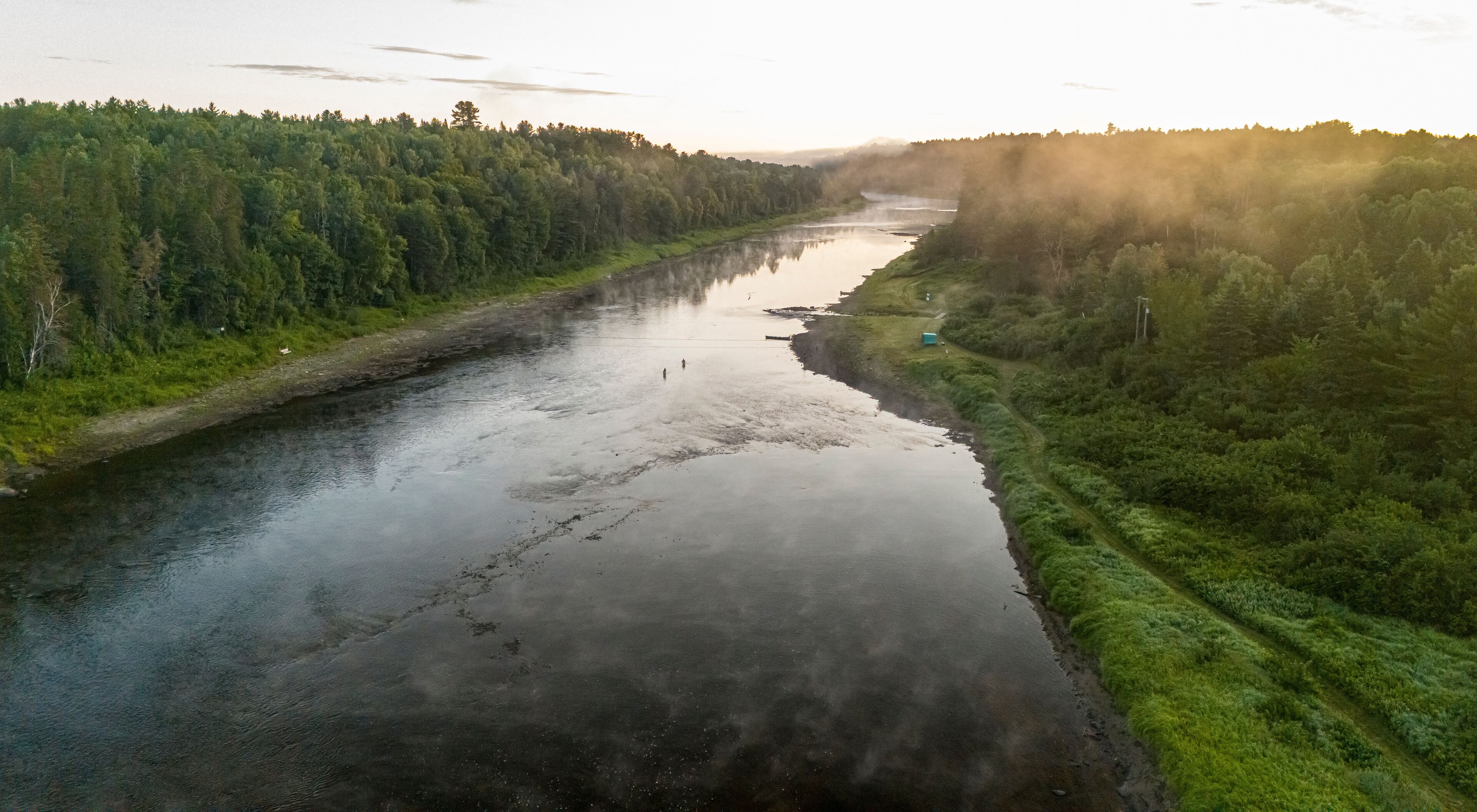 A river surrounded by dense forest, with a misty atmosphere and a sunrise or sunset.