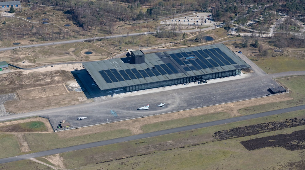 Soesterberg, The Netherlands - March 2020: Aerial photo Military Museum with American war planes on the apron.
