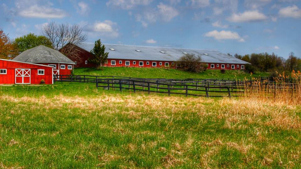 A red barn, a green field, and a red barn with a white roof.