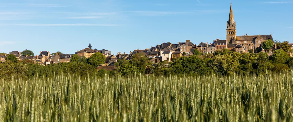 A town with a prominent church tower, surrounded by residential houses and a wheat field.