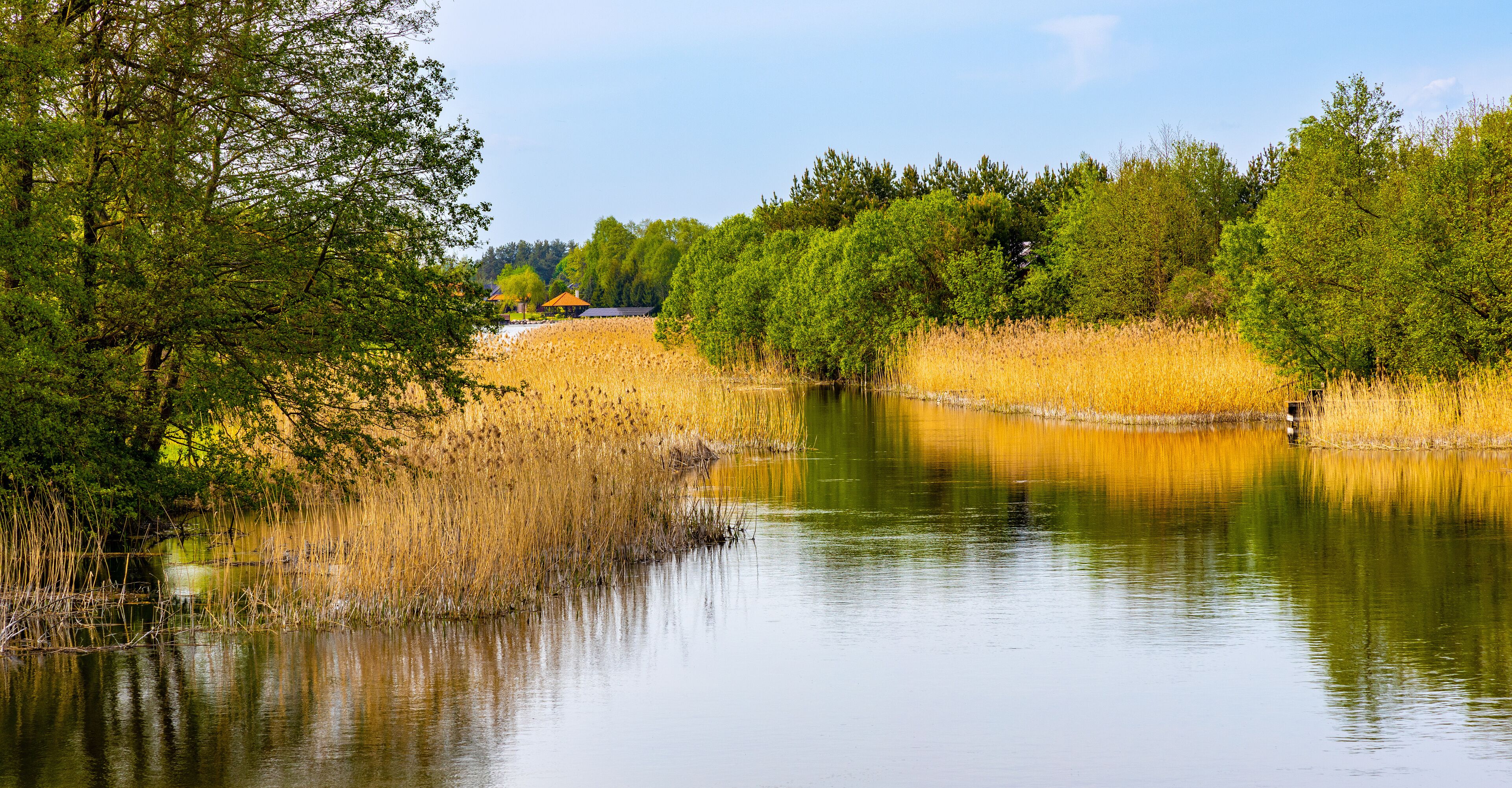 Summer deeds and bushy shores of Elk river at Jezioro Elckie Lake in Barany neighborhood of Elk town in Mazuria lakeland region of Poland