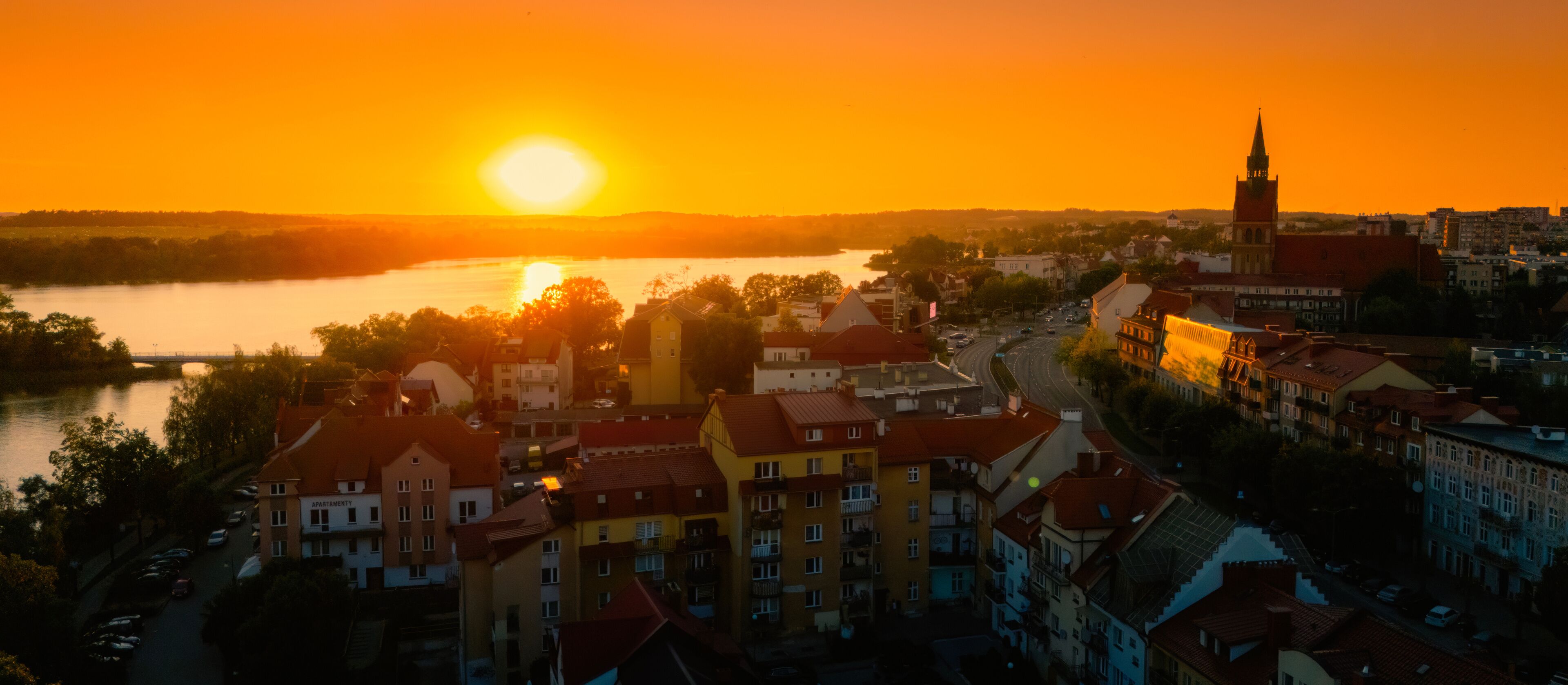Panoramic Sunset Aerial view of quiet town of Elk in Poland.