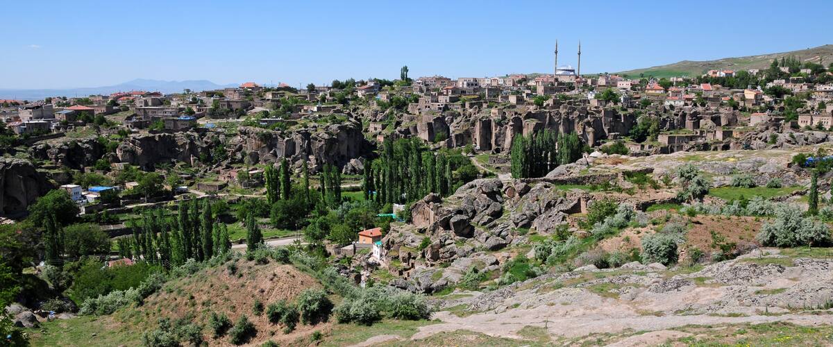 A historic town with ancient ruins and a mosque with two minarets.