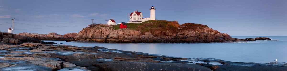 Nubble Lighthouse at sunset, Cape Neddick, Maine, USA