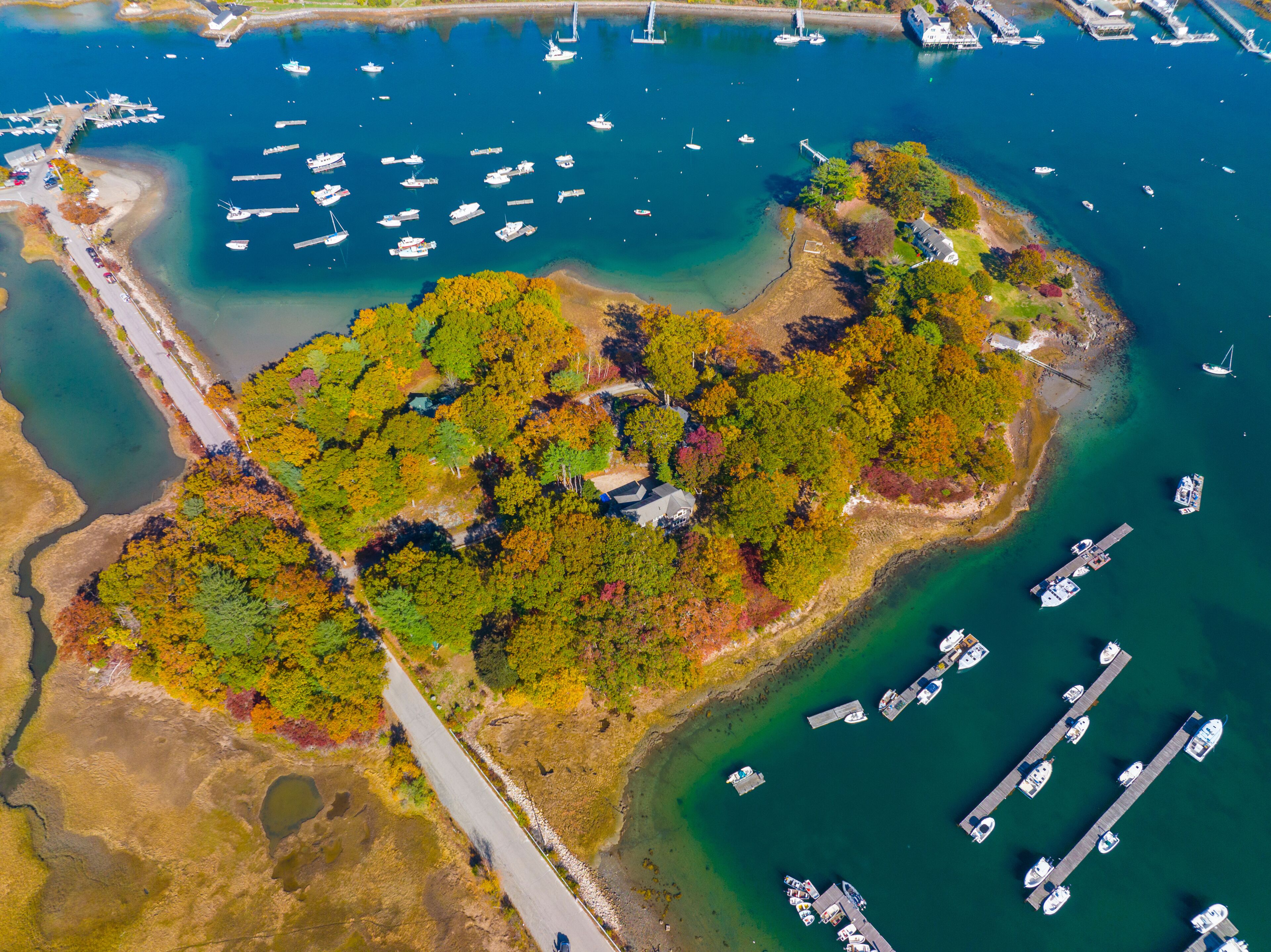 Harris Island aerial view in fall on York River near the river mouth to the York Harbor, town of York, Maine ME, USA. 
