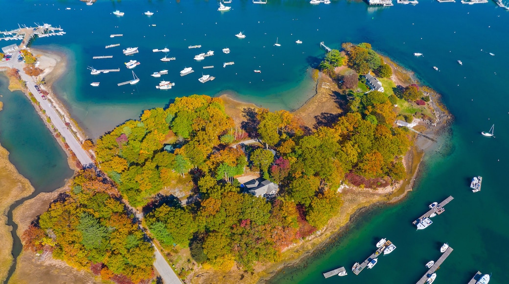Harris Island aerial view in fall on York River near the river mouth to the York Harbor, town of York, Maine ME, USA.