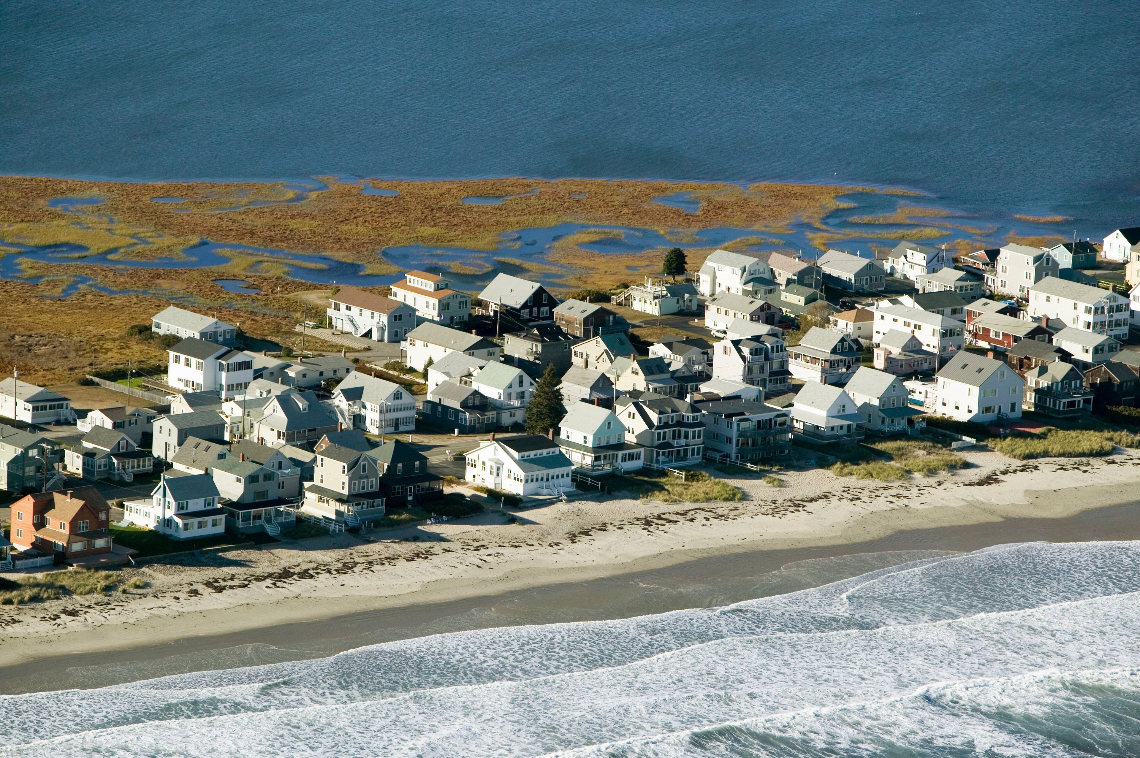 Summer homes on ocean and marsh of York Beach, Maine