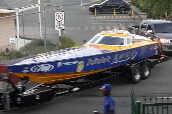 One of the boats of the Great Race 2016 in Buccoo Bay fisherman village.