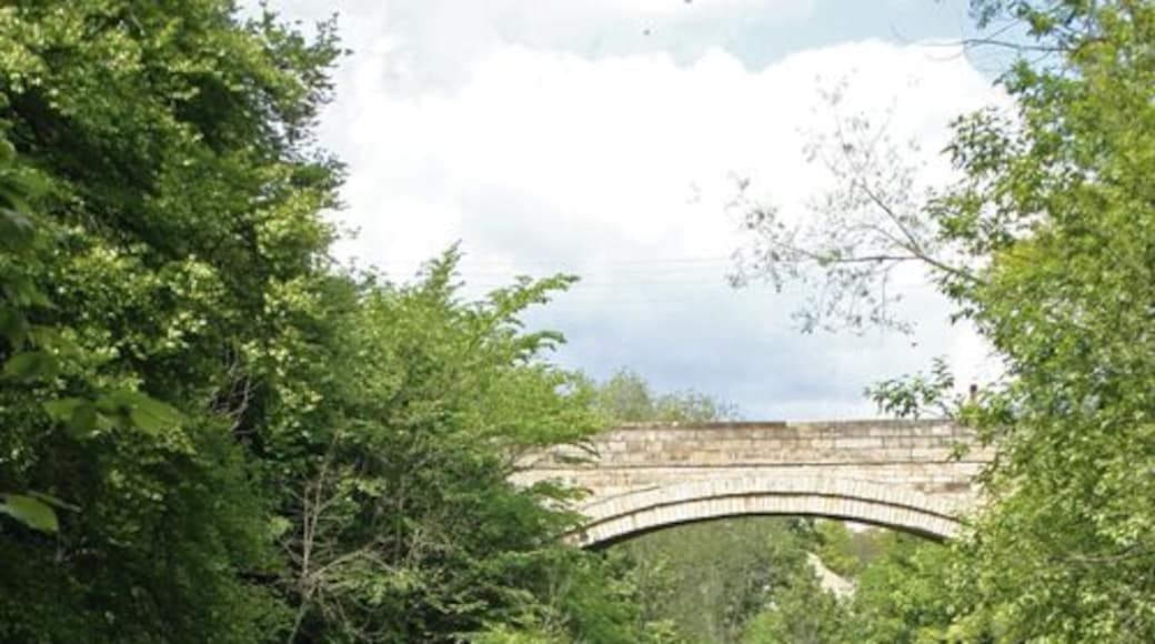 Bridge at Shotley Bridge. Looking downstream on River Derwent. Northumberland to left and County Durham to right