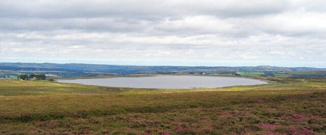 A lake surrounded by heather and hills.