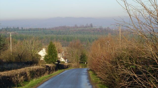 A rural road curving through a countryside with fields, trees, and distant mountains.