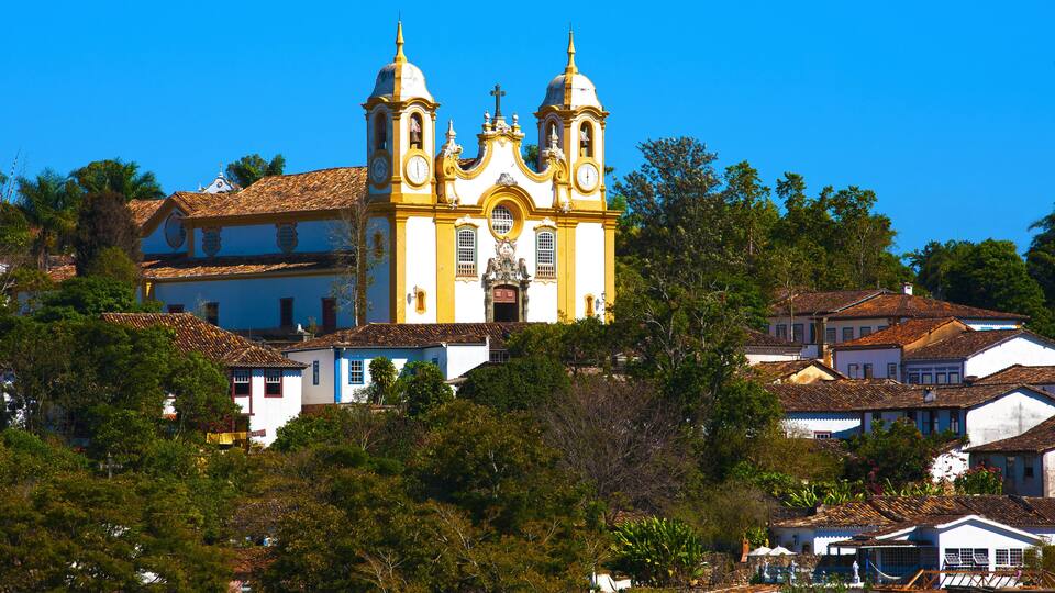 A yellow church with two towers, surrounded by trees and houses.