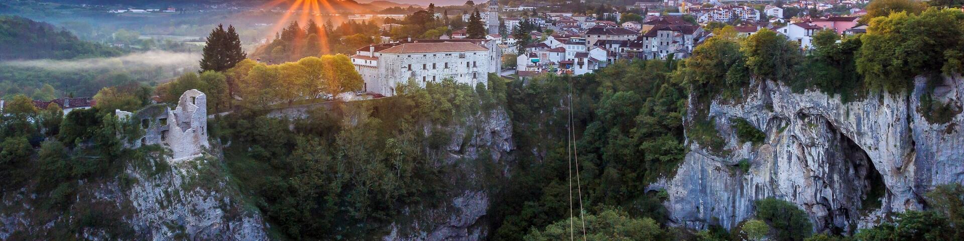 Aerial view of Pazin town at sunrise in Central Istria, Croatia.