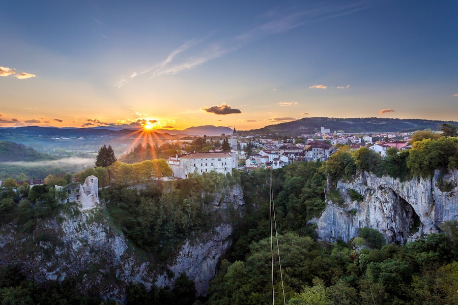 Aerial view of Pazin town at sunrise in Central Istria, Croatia.