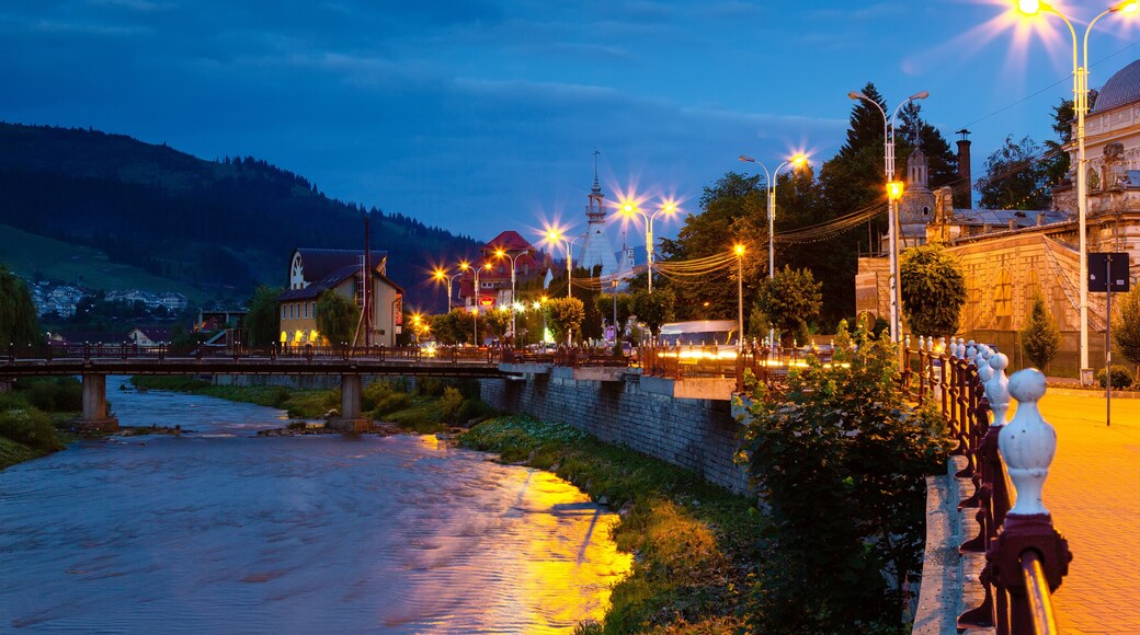 Evening at the river Dorna passing through Vatra Dornei city, Romania
