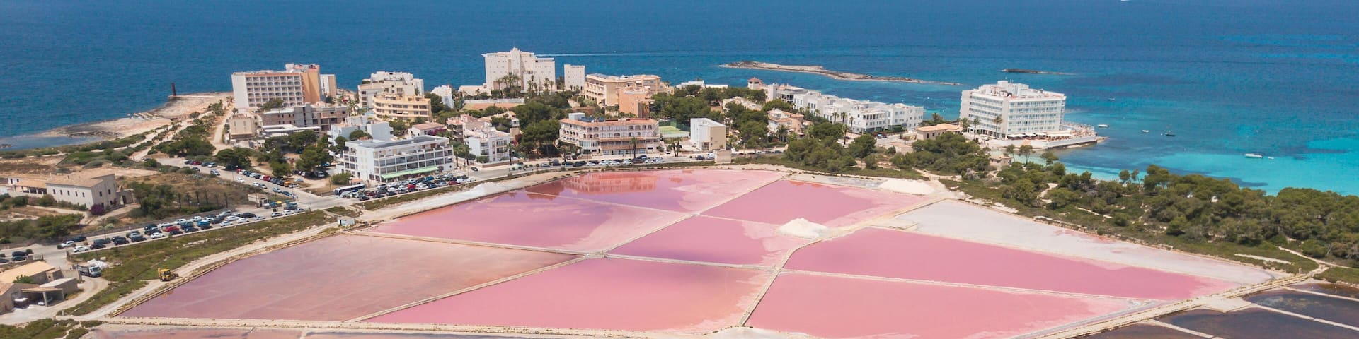 Amazing drone aerial landscape of the beautiful salt flats at Colonia de Sant Jordi, Ses Salines, Mallorca, Spain; Shutterstock ID 1122586946; Purchase Order: -