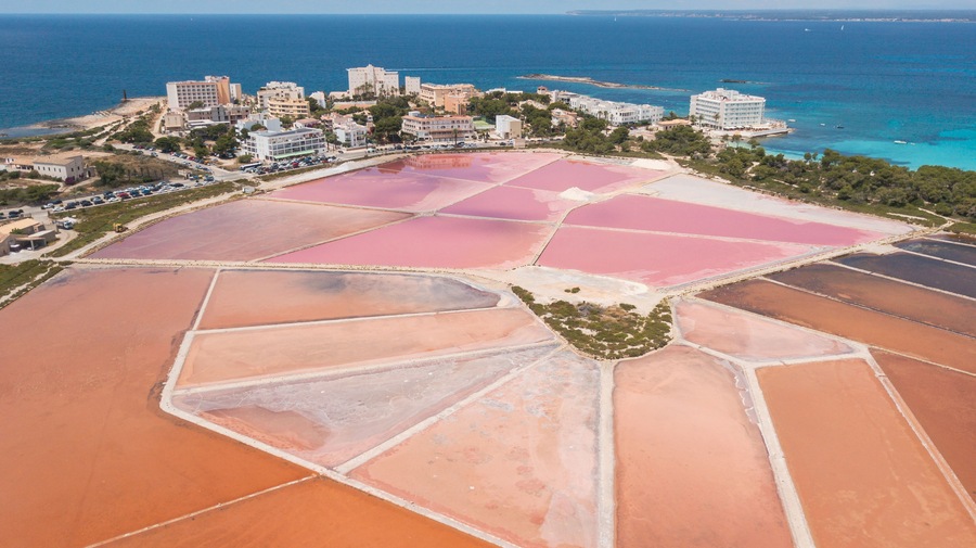 Amazing drone aerial landscape of the beautiful salt flats at Colonia de Sant Jordi, Ses Salines, Mallorca, Spain; Shutterstock ID 1122586946; Purchase Order: -