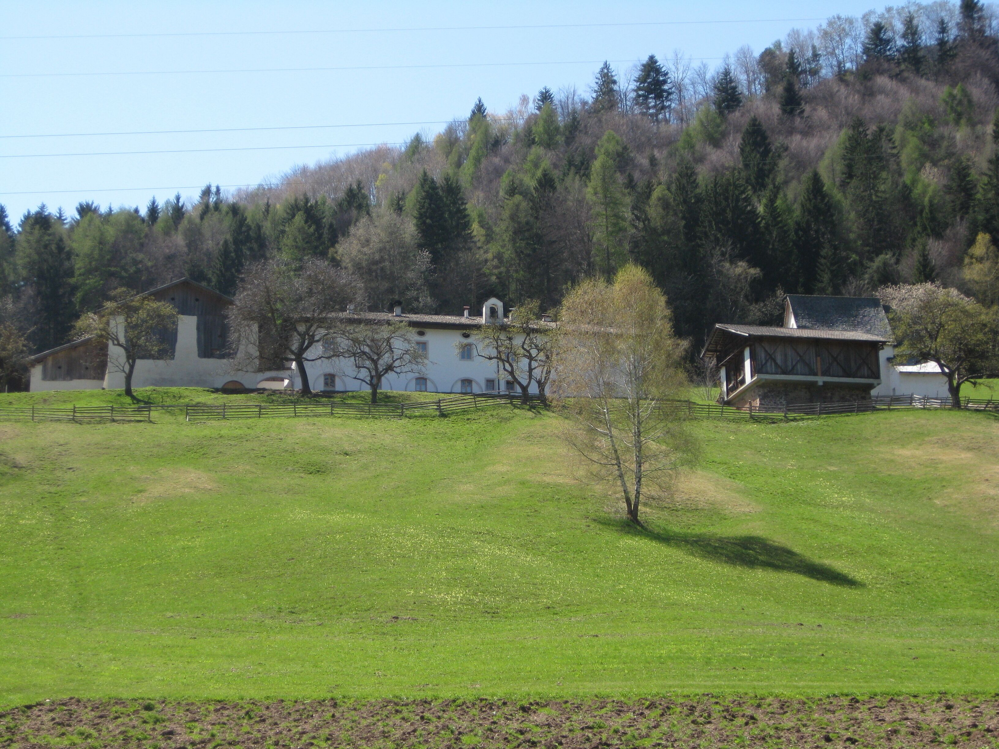 A rural landscape with a white building, a wooden barn, and a forested hill in the background.