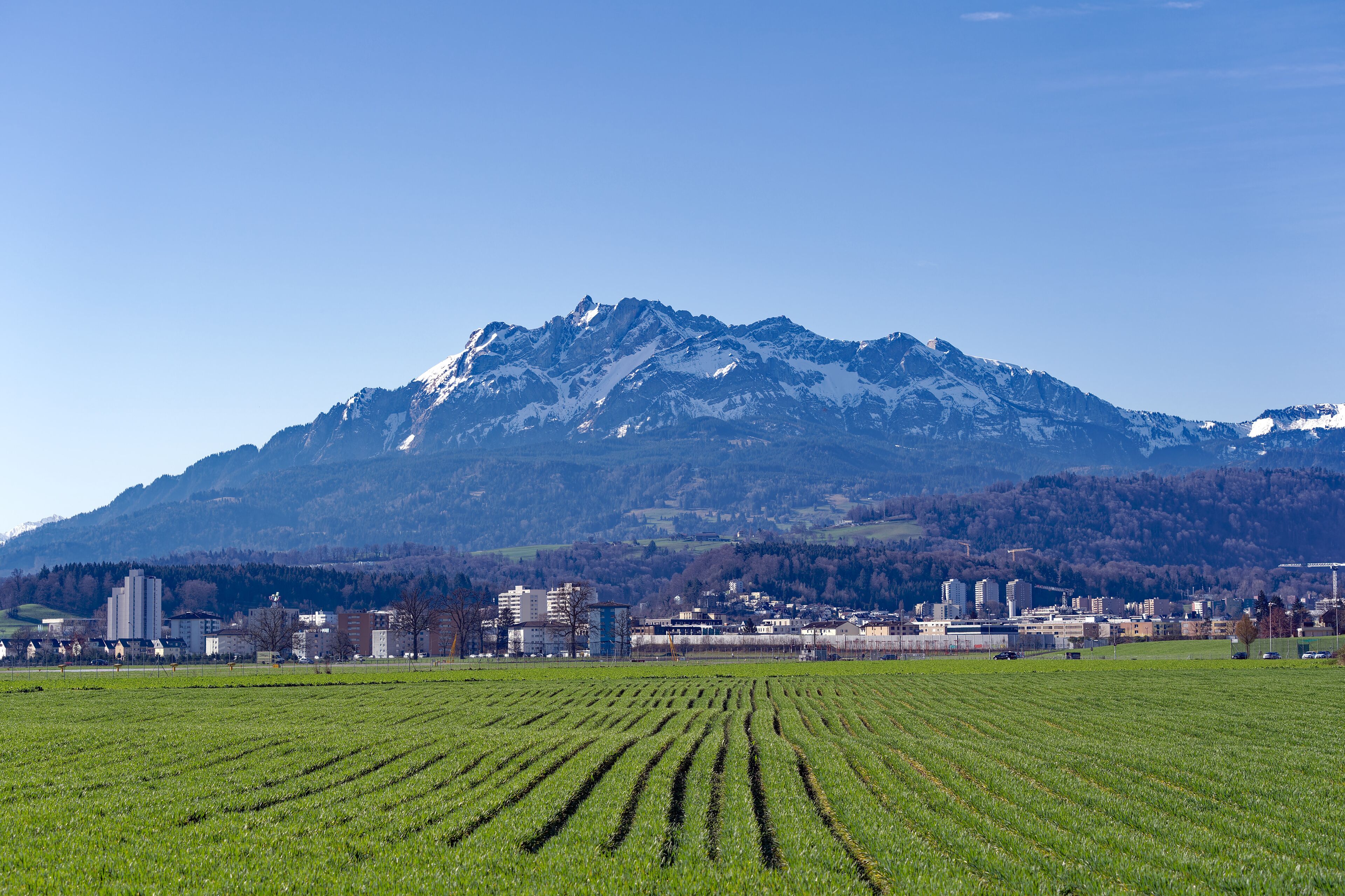 Scenic landscape and Swiss Alps with agriculture field and mount Pilatus seen from City of Emmen, Canton Lucerne, on a sunny spring day. Photo taken March 22nd, 2023, Emmen, Switzerland.