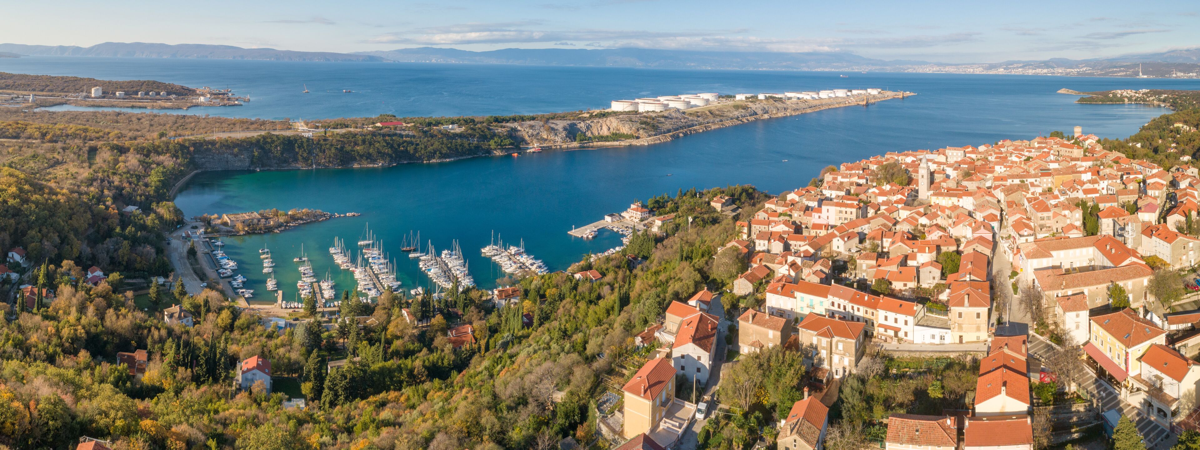 A coastal town with a marina, boats, and historic buildings.