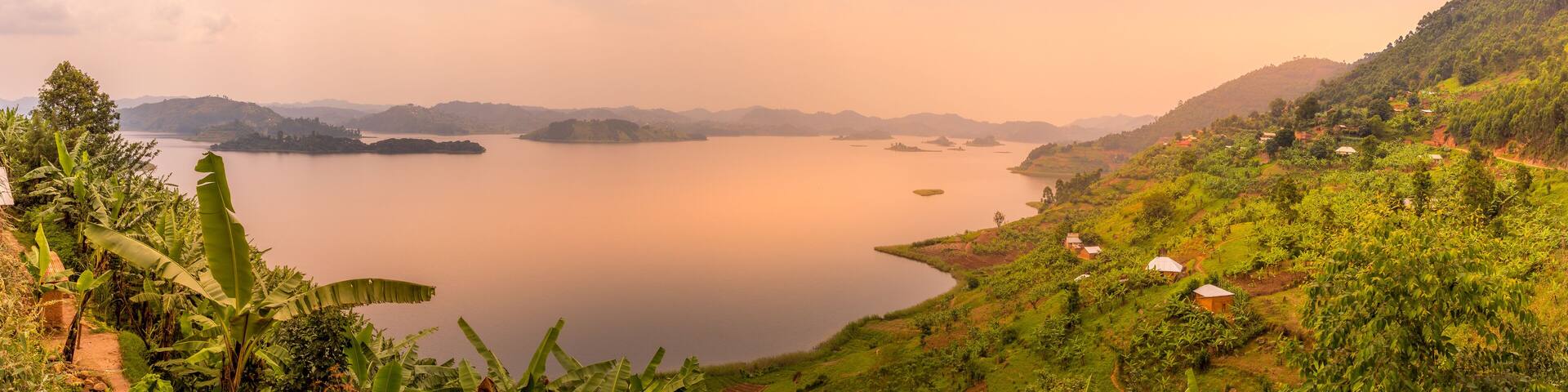 Panoramic crater lake view at sunset in the crater lake region in Uganda near Kibale.