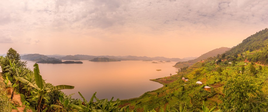 Panoramic crater lake view at sunset in the crater lake region in Uganda near Kibale.