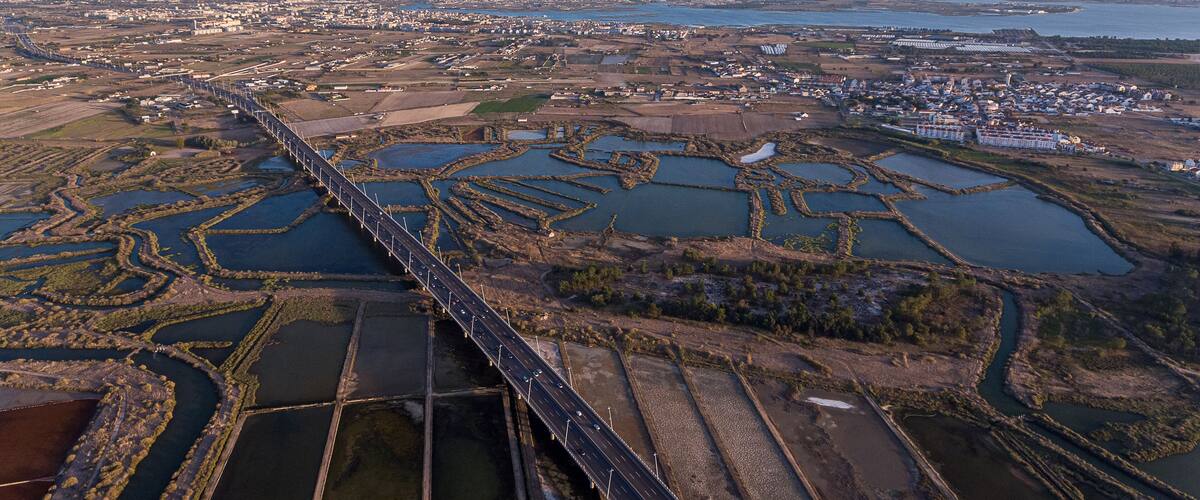 Aerial. Bay near the Vasco da Gama Lisbon Bridge, Samuoco.