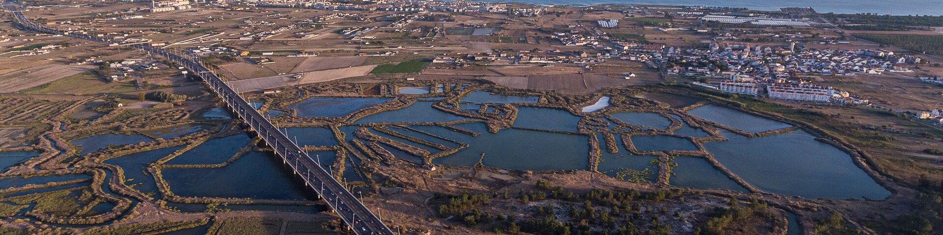 Aerial. Bay near the Vasco da Gama Lisbon Bridge, Samuoco.