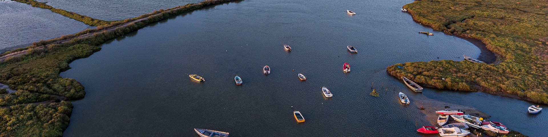 Aerial. Bay near the Vasco da Gama Lisbon Bridge, Samuoco.