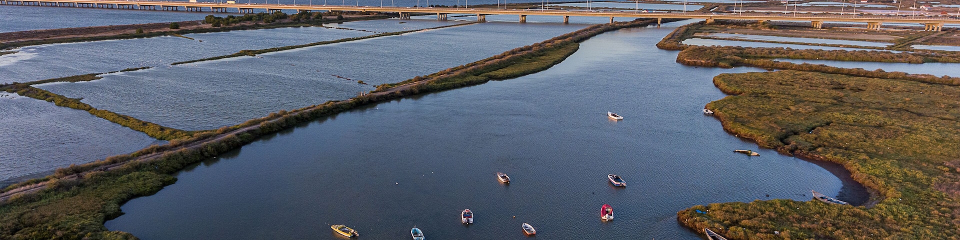 Un río con barcos, un puente y humedales.