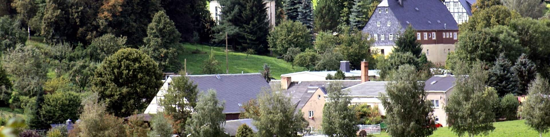 Wolkenstein (Ore mountains), view from the castle to the village church Schönbrunn