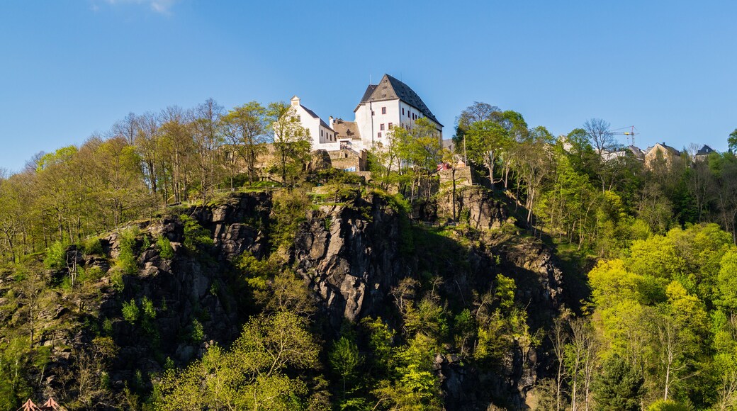 Eine Burg auf einem Hügel, umgeben von Bäumen und einem klaren Himmel.
