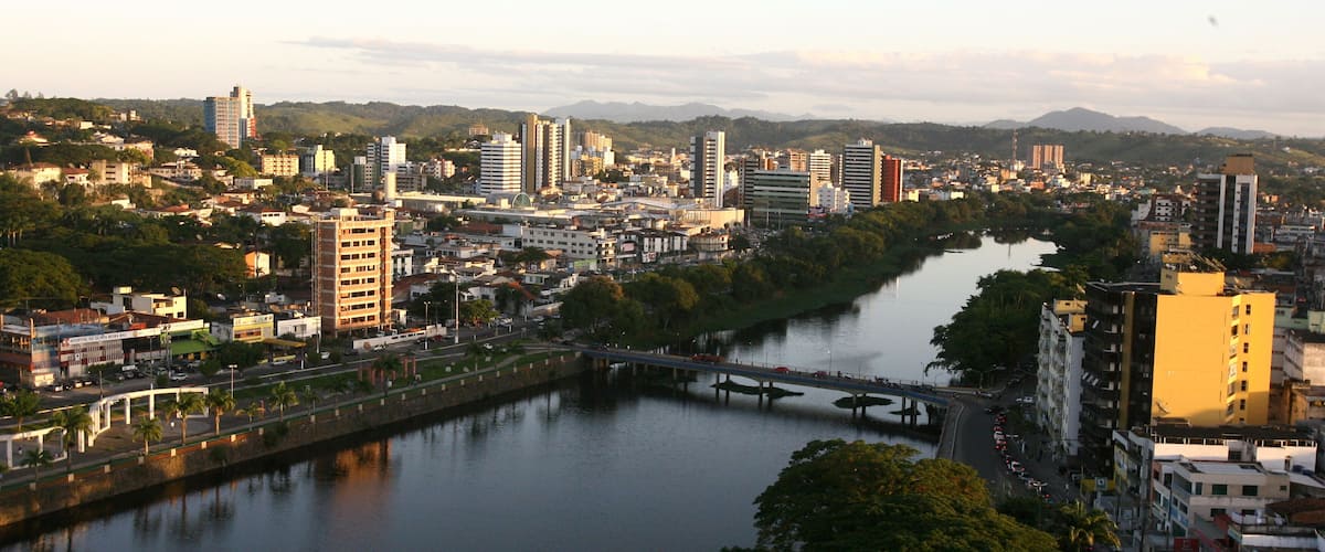A cityscape with a river, bridges, and buildings.