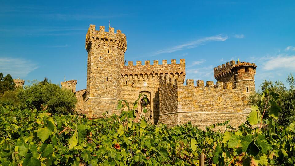 Sunny view of the 13th-century style Castello di Amorosa